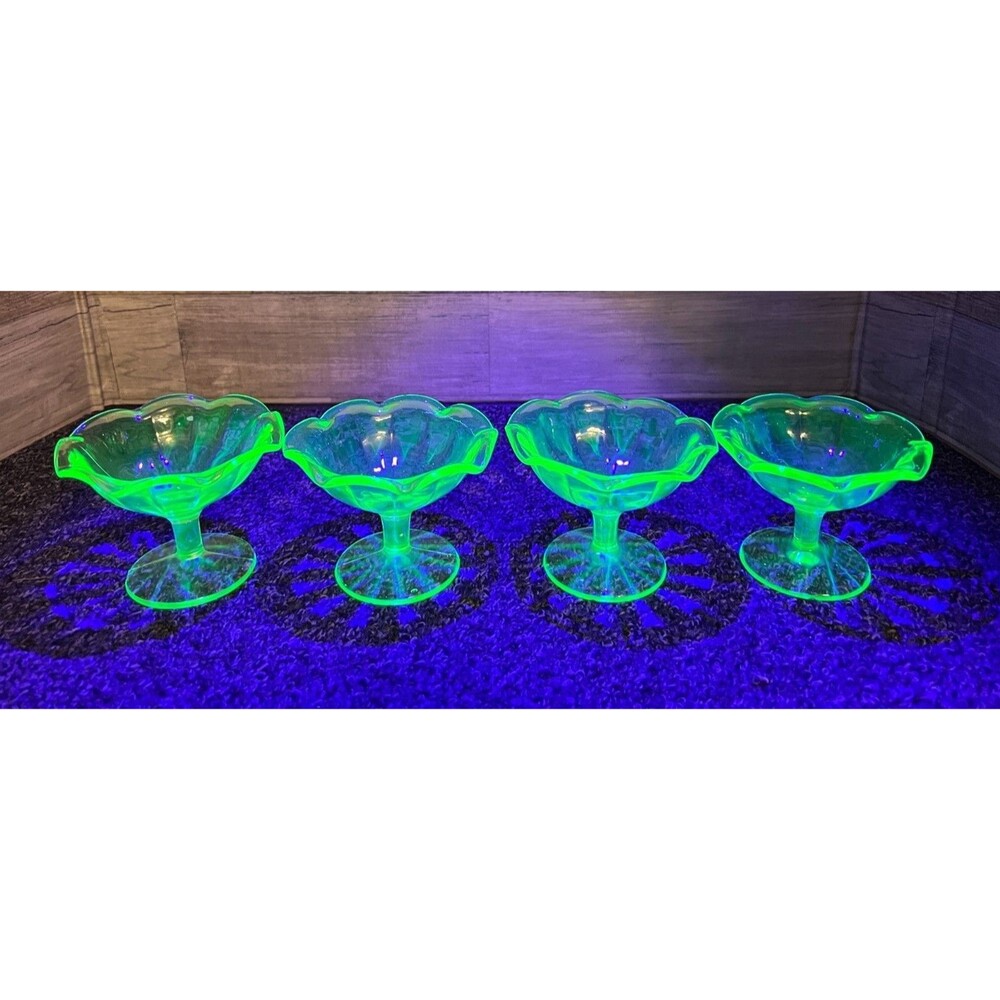 Vintage Vaseline Uranium Glass Ruffled Rim Ice Cream Dessert Dishes - Set of 4